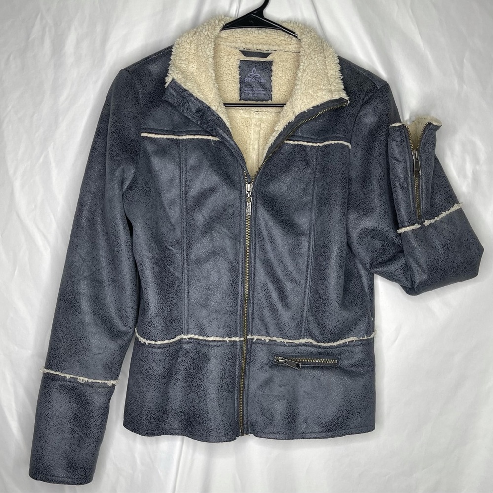 Prana Esme Gray Faux Suede Beige Sherpa Trimmed Lined Moto Casual Jacket S